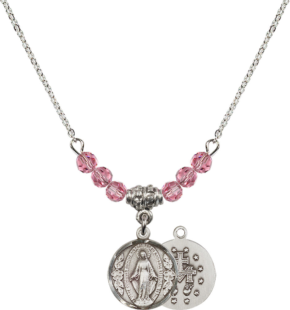 Sterling Silver Miraculous Birthstone Necklace with Rose Beads - 0601