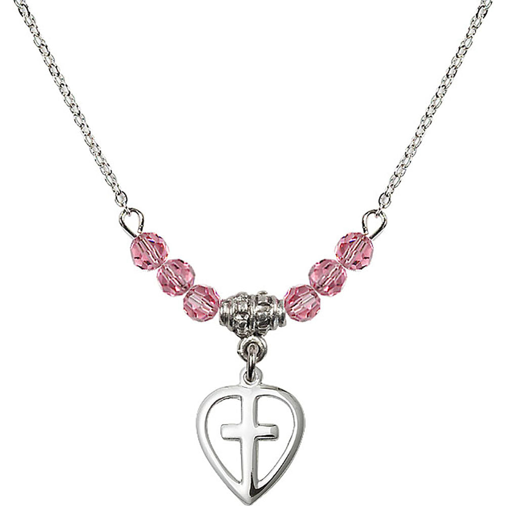 Sterling Silver Heart / Cross Birthstone Necklace with Rose Beads - 1709