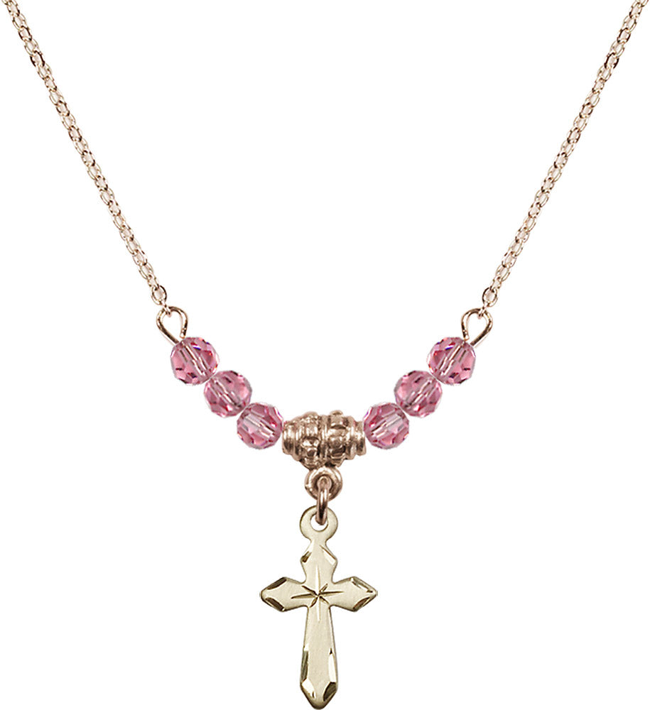 14kt Gold Filled Cross Birthstone Necklace with Rose Beads - 2529