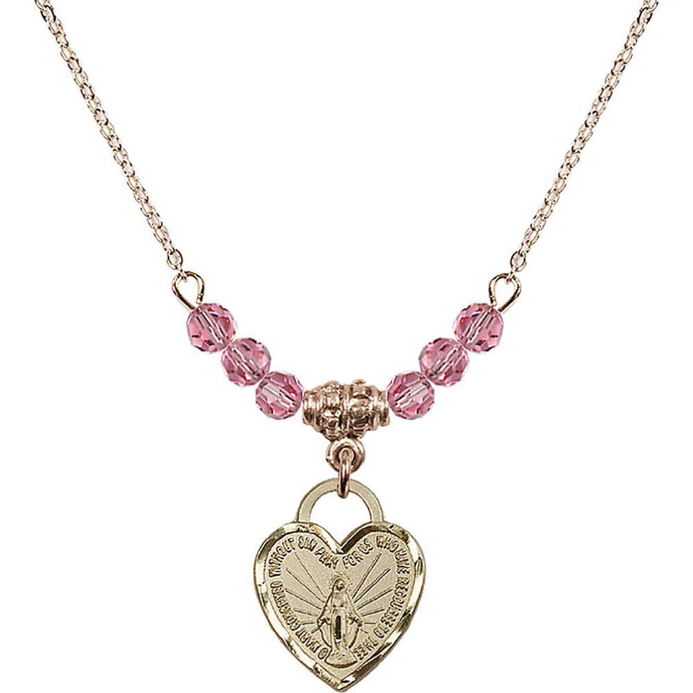 14kt Gold Filled Miraculous Heart Birthstone Necklace with Rose Beads - 3401
