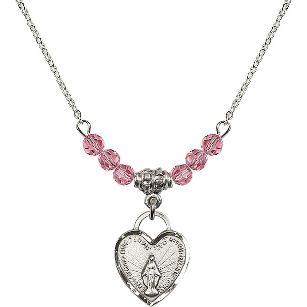 Sterling Silver Miraculous Heart Birthstone Necklace with Rose Beads - 3401