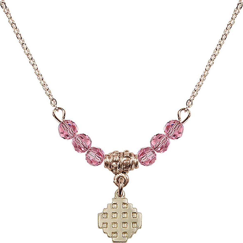 14kt Gold Filled Jerusalem Cross Birthstone Necklace with Rose Beads - 4118
