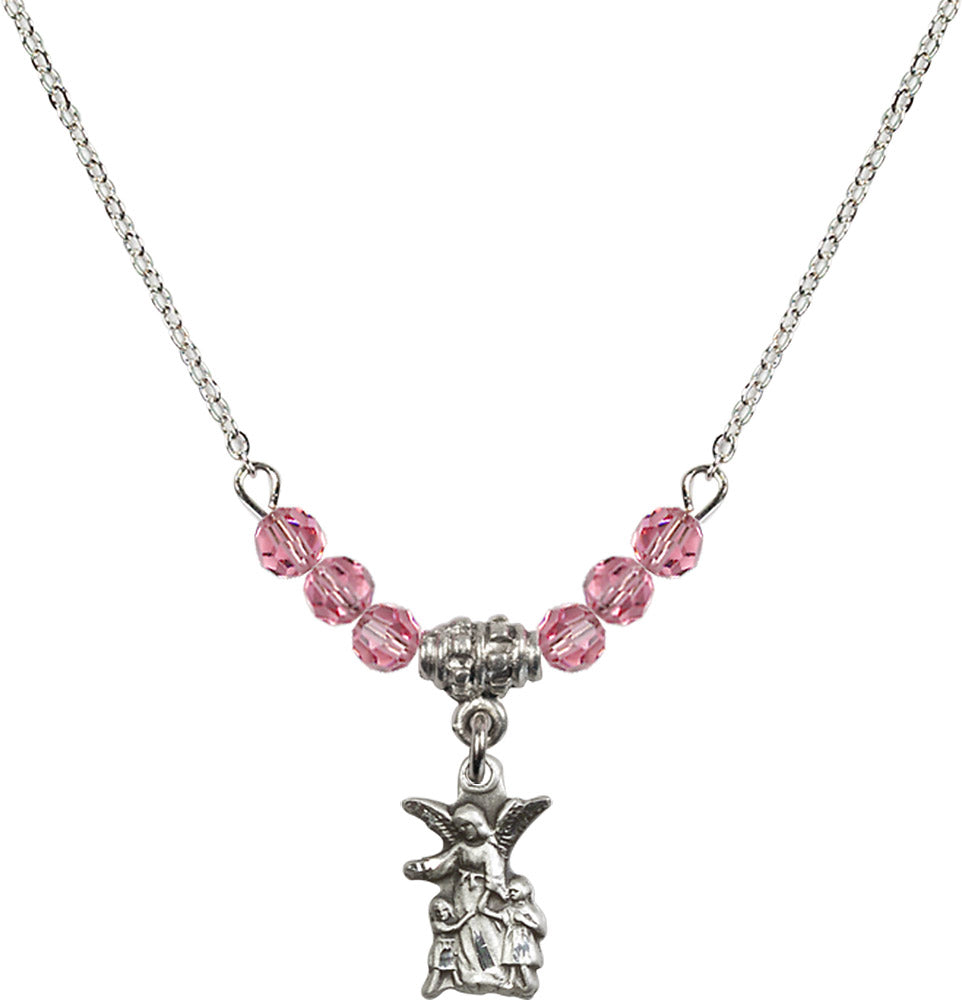 Sterling Silver Guardian Angel Birthstone Necklace with Rose Beads - 4253