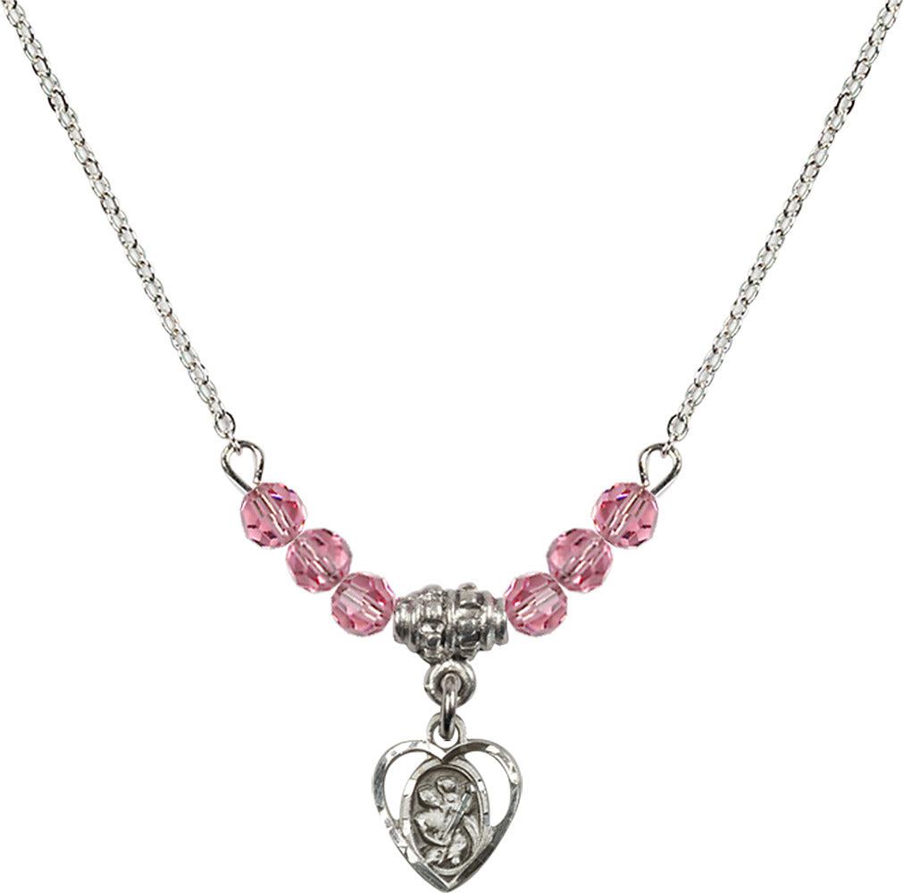 Sterling Silver Saint Christopher Birthstone Necklace with Rose Beads - 5403