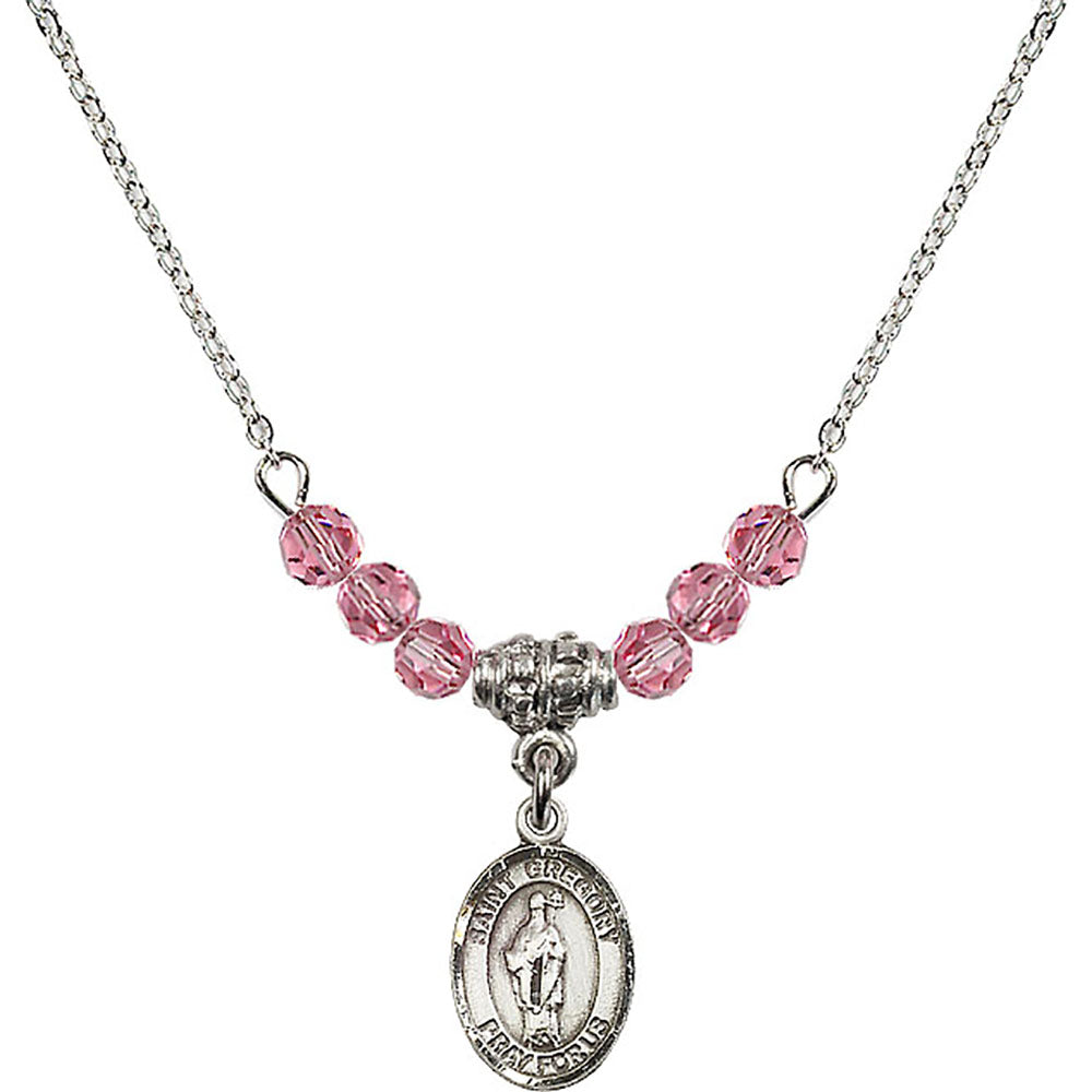 Sterling Silver Saint Gregory the Great Birthstone Necklace with Rose Beads - 9048
