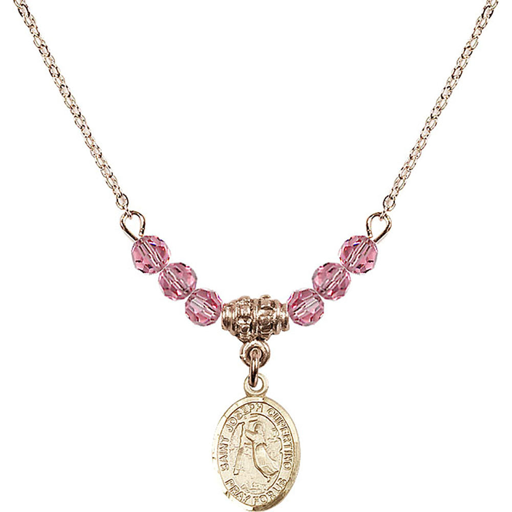 14kt Gold Filled Saint Joseph of Cupertino Birthstone Necklace with Rose Beads - 9057