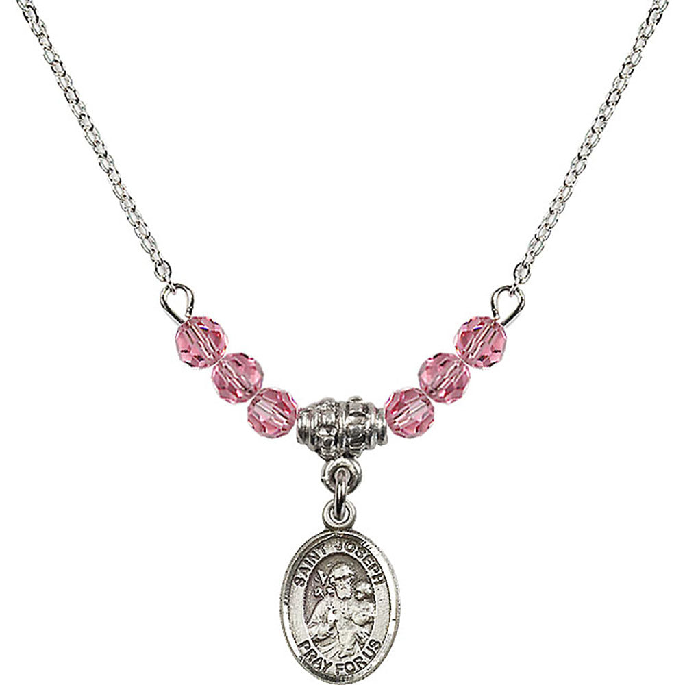 Sterling Silver Saint Joseph Birthstone Necklace with Rose Beads - 9058