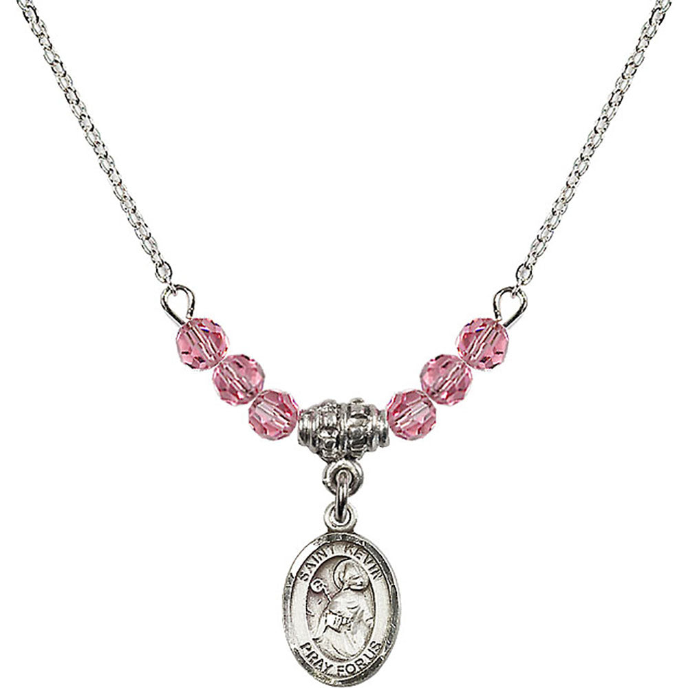 Sterling Silver Saint Kevin Birthstone Necklace with Rose Beads - 9062