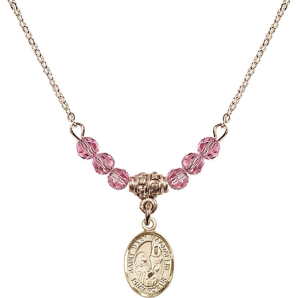 14kt Gold Filled Saint Mary Magdalene Birthstone Necklace with Rose Beads - 9071
