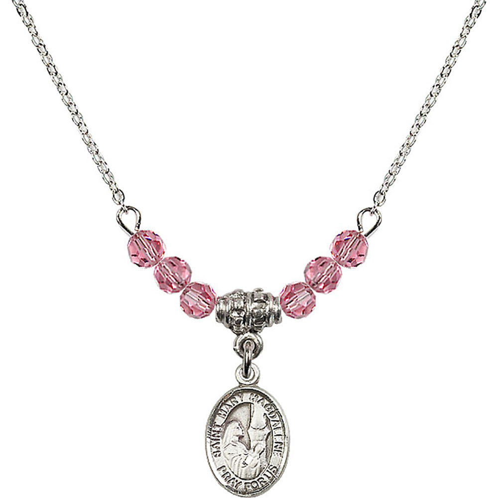 Sterling Silver Saint Mary Magdalene Birthstone Necklace with Rose Beads - 9071