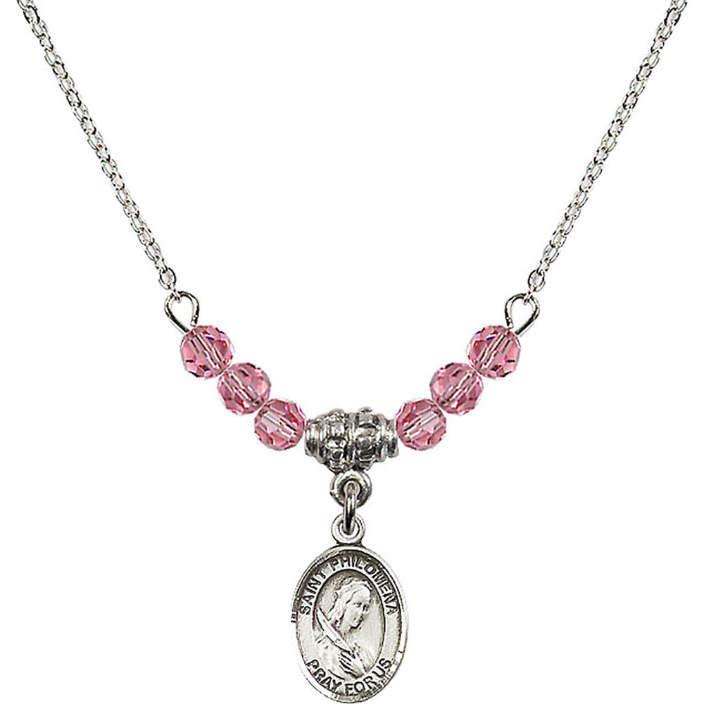 Sterling Silver Saint Philomena Birthstone Necklace with Rose Beads - 9077