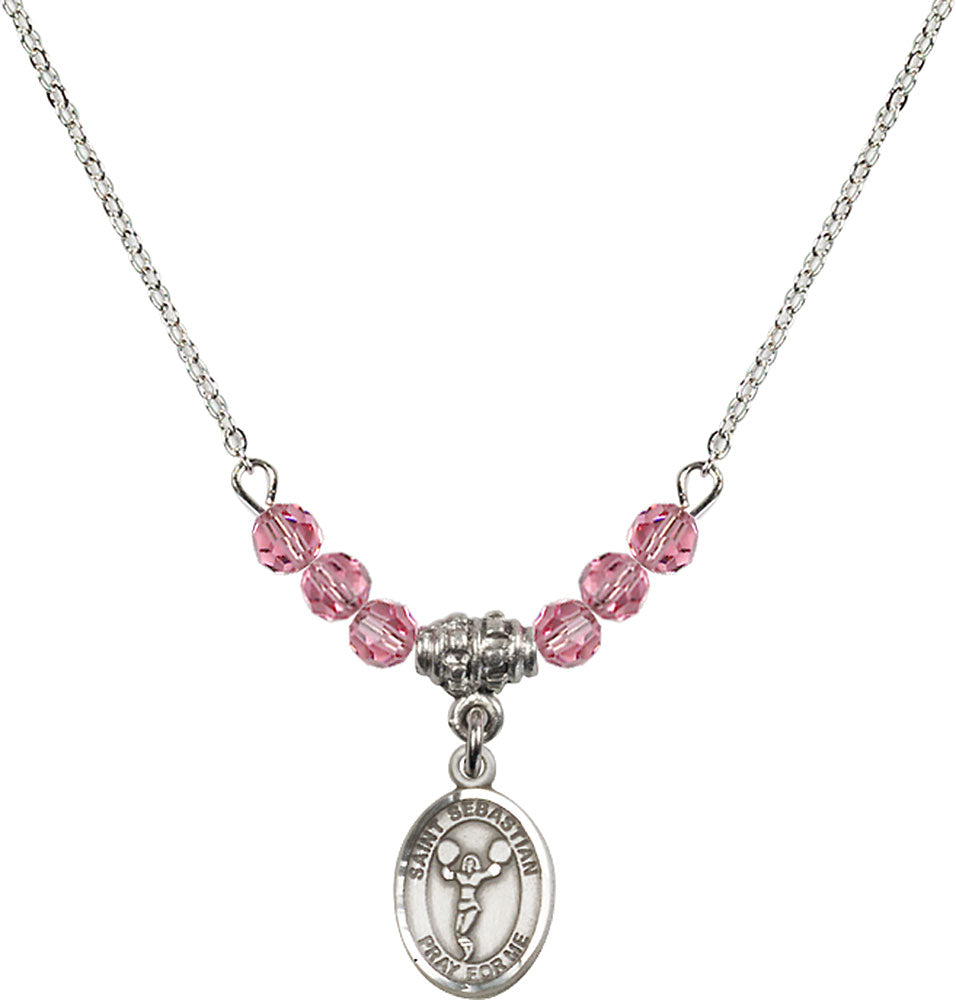 Sterling Silver Saint Sebastian/Cheerleading Birthstone Necklace with Rose Beads - 9170