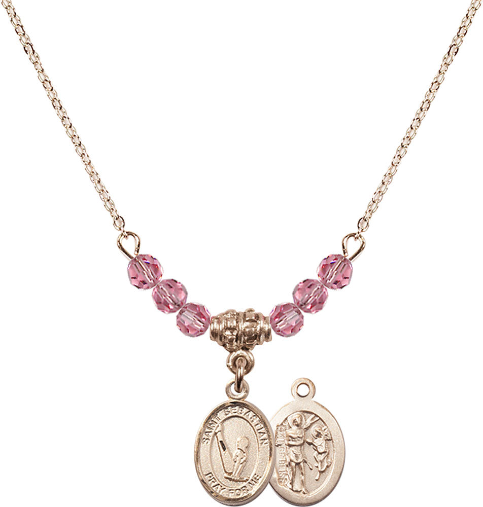 14kt Gold Filled Saint Sebastian/Gymnastics Birthstone Necklace with Rose Beads - 9172