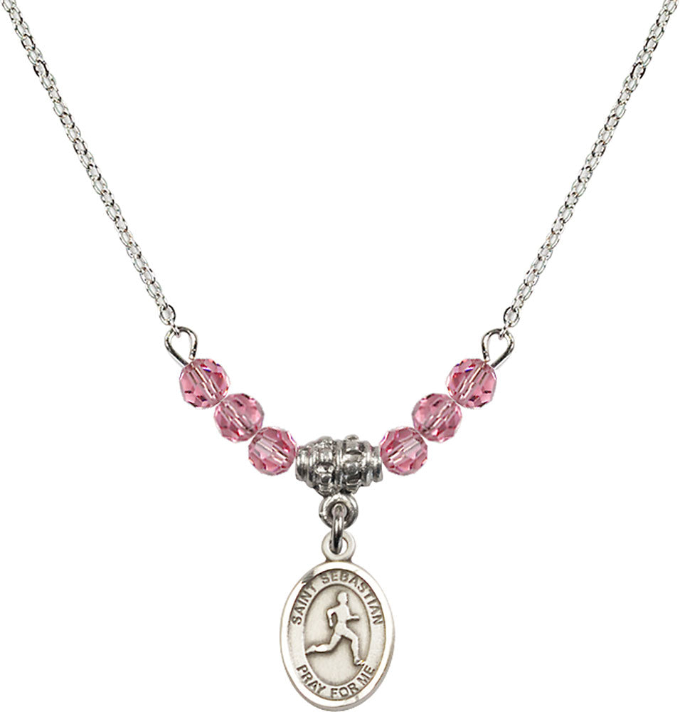 Sterling Silver Saint Sebastian/Track & Field Birthstone Necklace with Rose Beads - 9176
