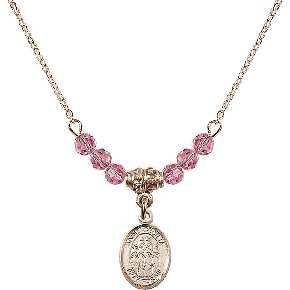 14kt Gold Filled Saint Cecilia / Choir Birthstone Necklace with Rose Beads - 9180
