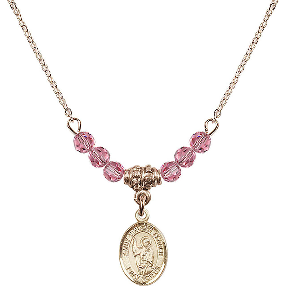 14kt Gold Filled Saint Vincent Ferrer Birthstone Necklace with Rose Beads - 9201