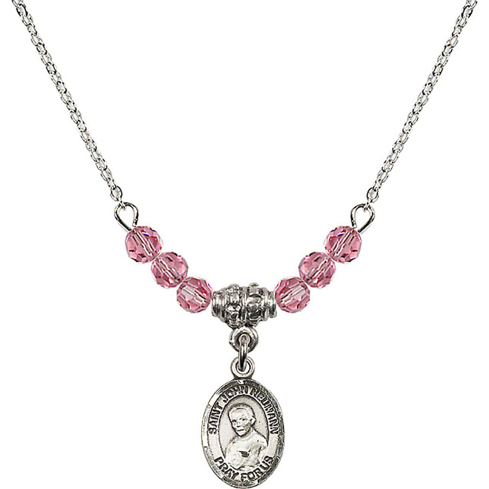 Sterling Silver Saint John Neumann Birthstone Necklace with Rose Beads - 9204