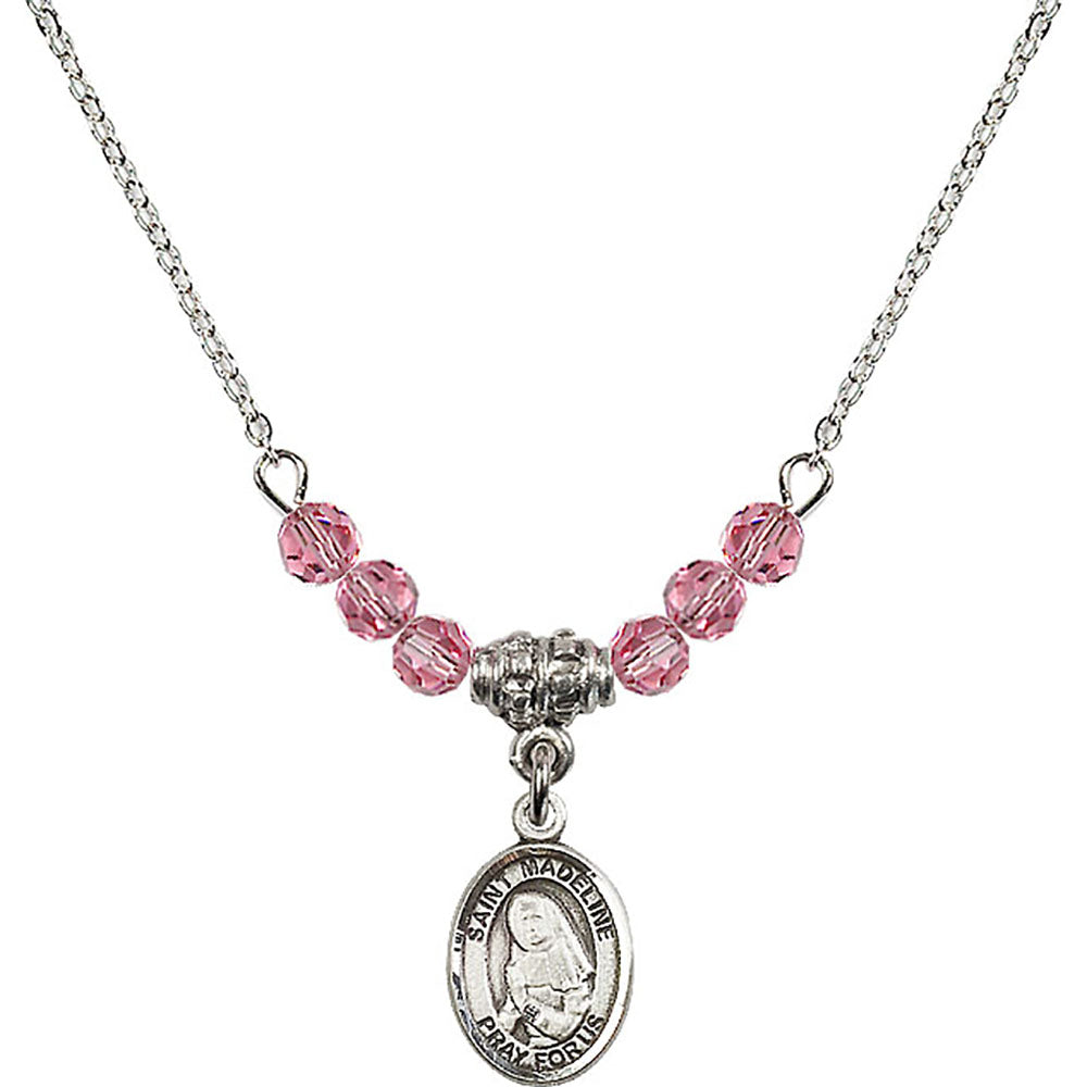 Sterling Silver Saint Madeline Sophie Barat Birthstone Necklace with Rose Beads - 9236