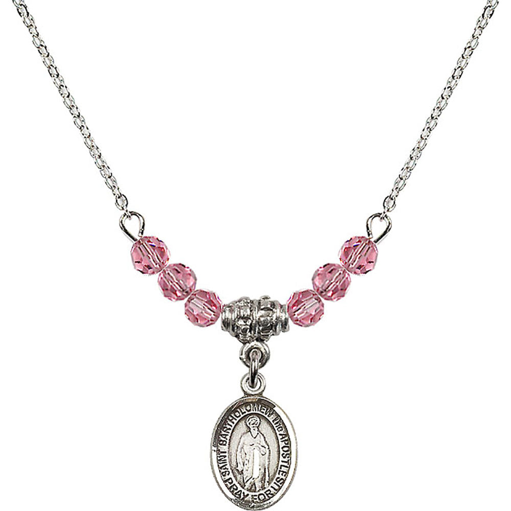 Sterling Silver Saint Bartholomew the Apostle Birthstone Necklace with Rose Beads - 9238