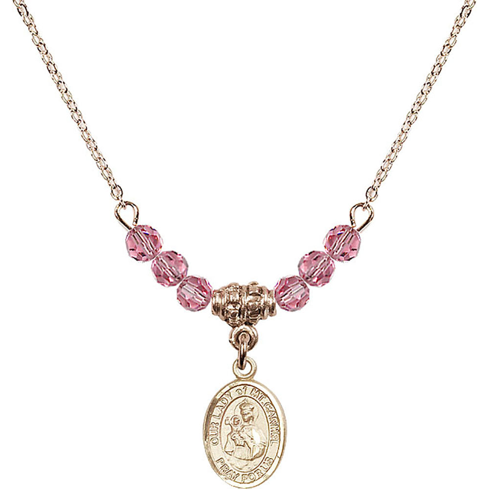 14kt Gold Filled Our Lady of Mount Carmel Birthstone Necklace with Rose Beads - 9243
