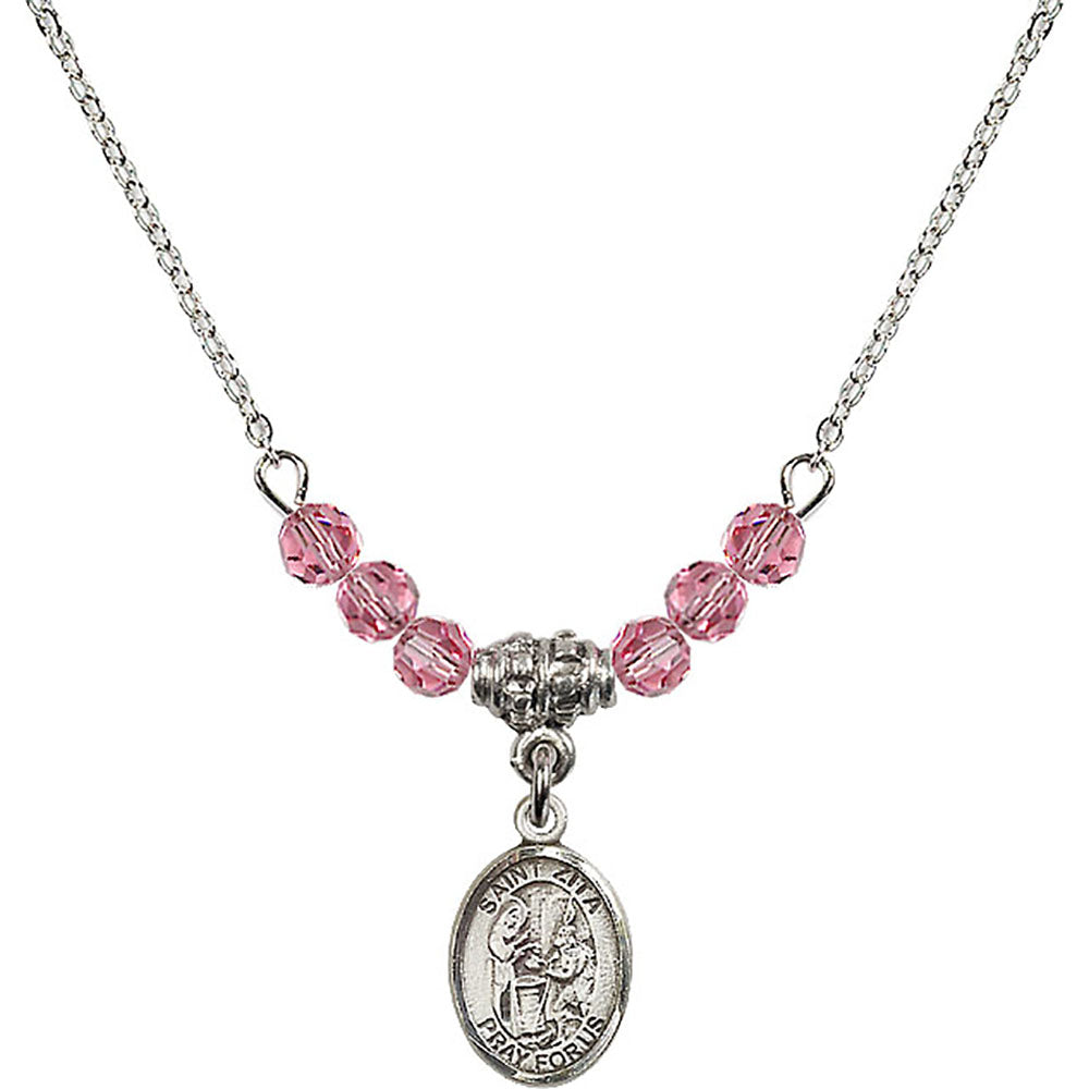 Sterling Silver Saint Zita Birthstone Necklace with Rose Beads - 9244