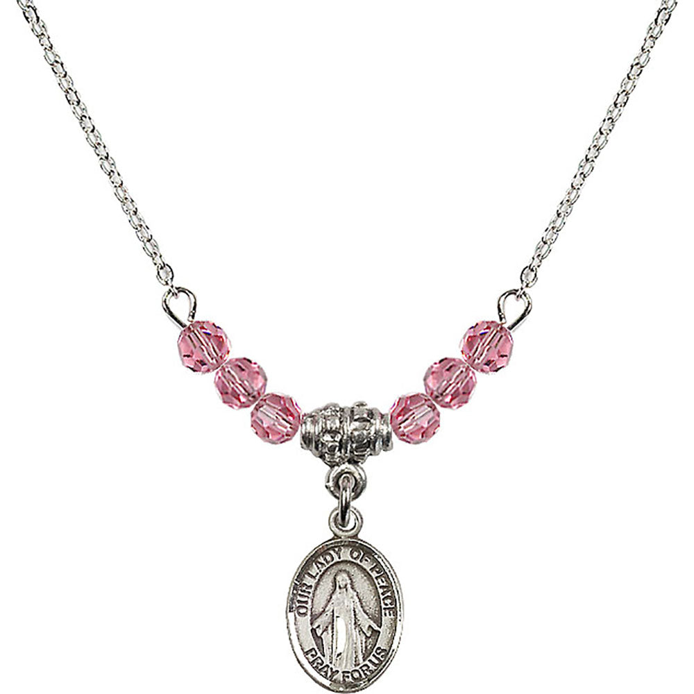 Sterling Silver Our Lady of Peace Birthstone Necklace with Rose Beads - 9245