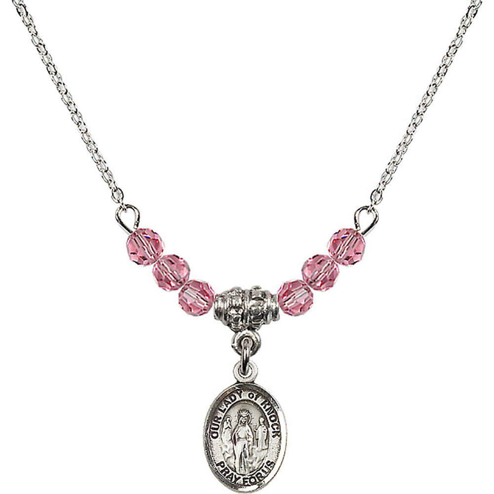 Sterling Silver Our Lady of Knock Birthstone Necklace with Rose Beads - 9246