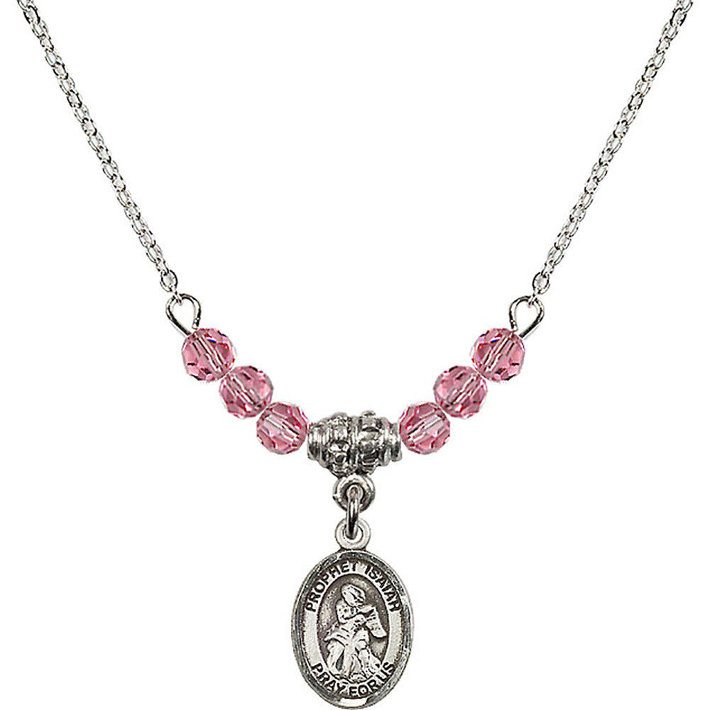 Sterling Silver Saint Isaiah Birthstone Necklace with Rose Beads - 9258
