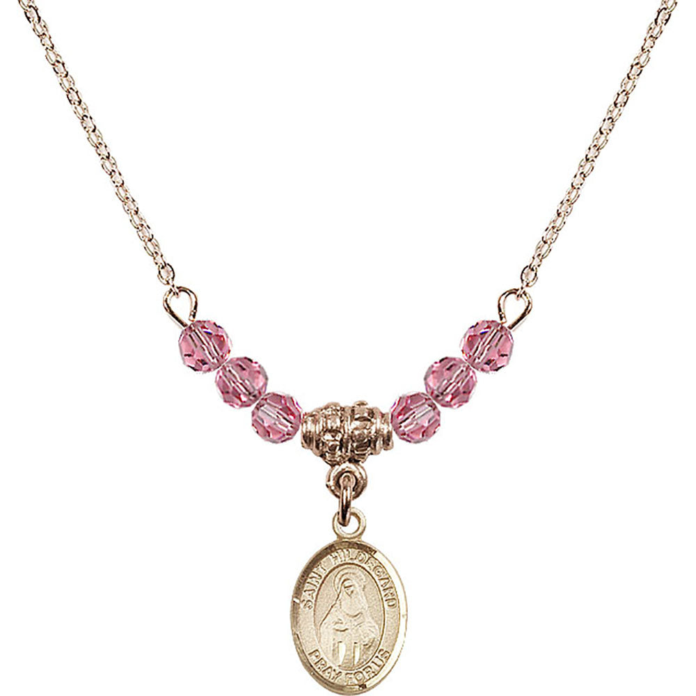 14kt Gold Filled Saint Hildegard von Bingen Birthstone Necklace with Rose Beads - 9260