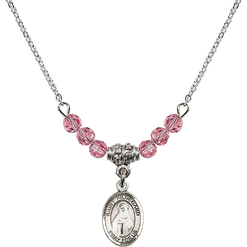 Sterling Silver Saint Hildegard von Bingen Birthstone Necklace with Rose Beads - 9260