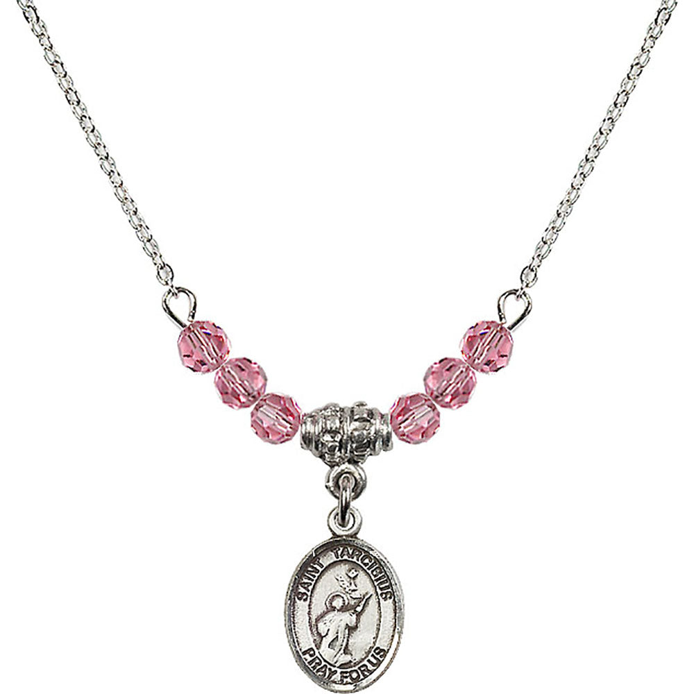 Sterling Silver Saint Tarcisius Birthstone Necklace with Rose Beads - 9261
