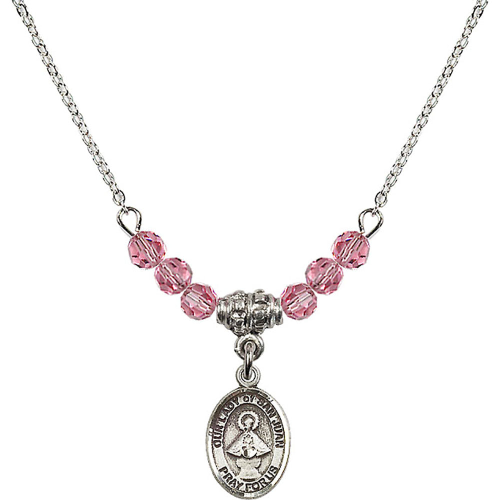 Sterling Silver Our Lady of San Juan Birthstone Necklace with Rose Beads - 9263