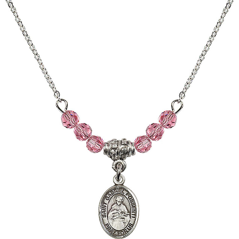 Sterling Silver Saint Gabriel Possenti Birthstone Necklace with Rose Beads - 9279