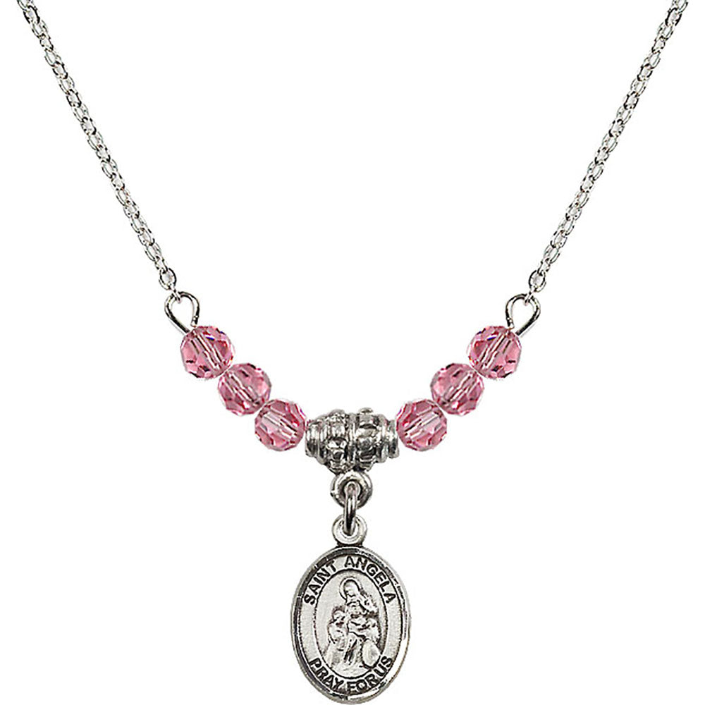 Sterling Silver Saint Angela Merici Birthstone Necklace with Rose Beads - 9284