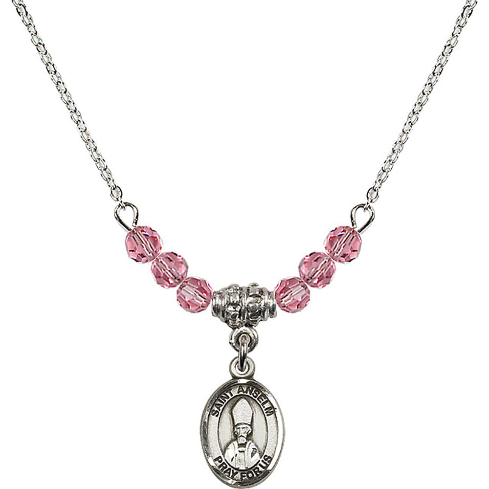 Sterling Silver Saint Anselm of Canterbury Birthstone Necklace with Rose Beads - 9342