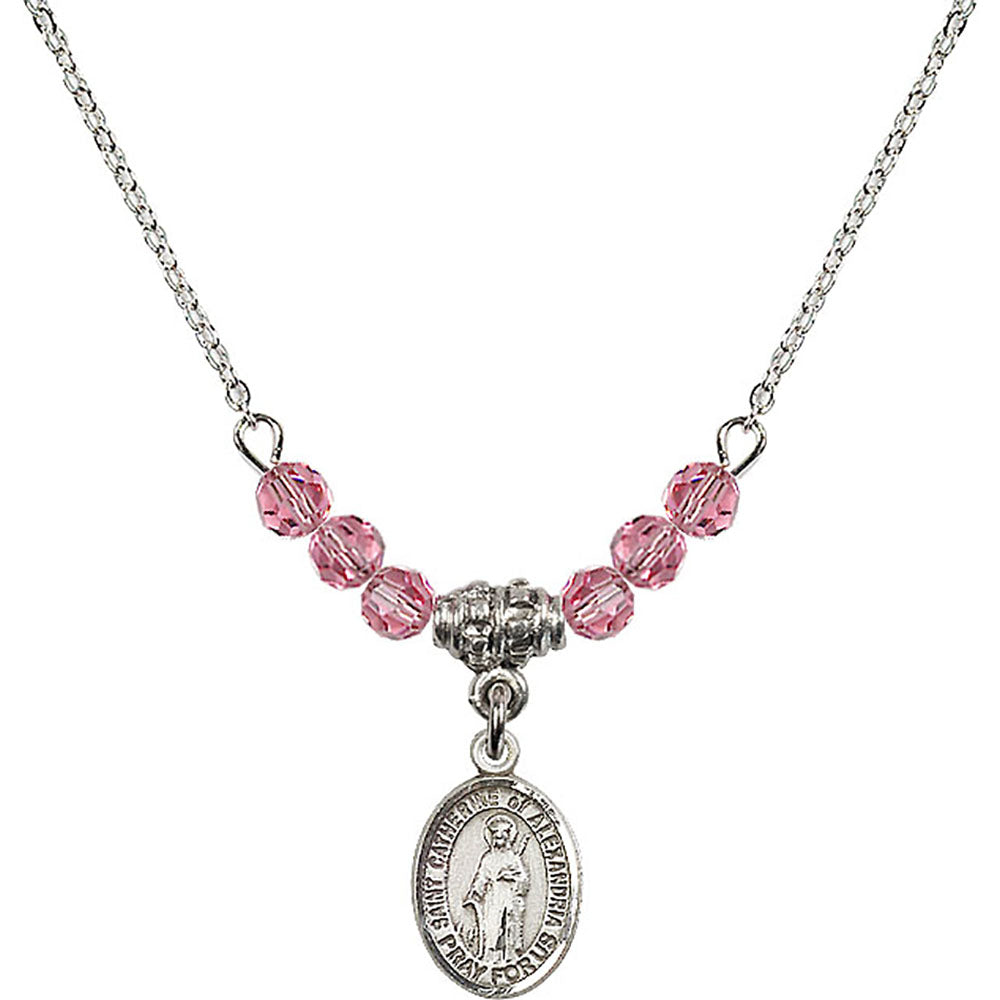 Sterling Silver Saint Catherine of Alexandria Birthstone Necklace with Rose Beads - 9343