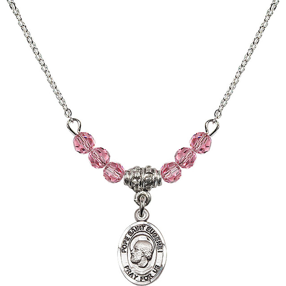 Sterling Silver Pope Saint Eugene I Birthstone Necklace with Rose Beads - 9352
