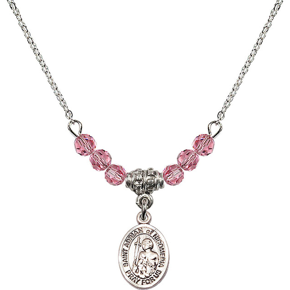 Sterling Silver Saint Adrian of Nicomedia Birthstone Necklace with Rose Beads - 9353