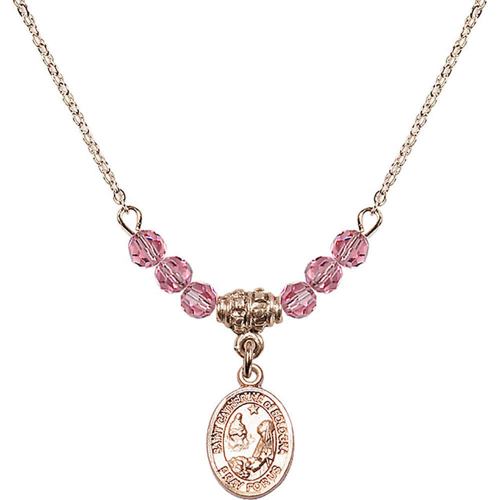 14kt Gold Filled Saint Catherine of Bologna Birthstone Necklace with Rose Beads - 9354