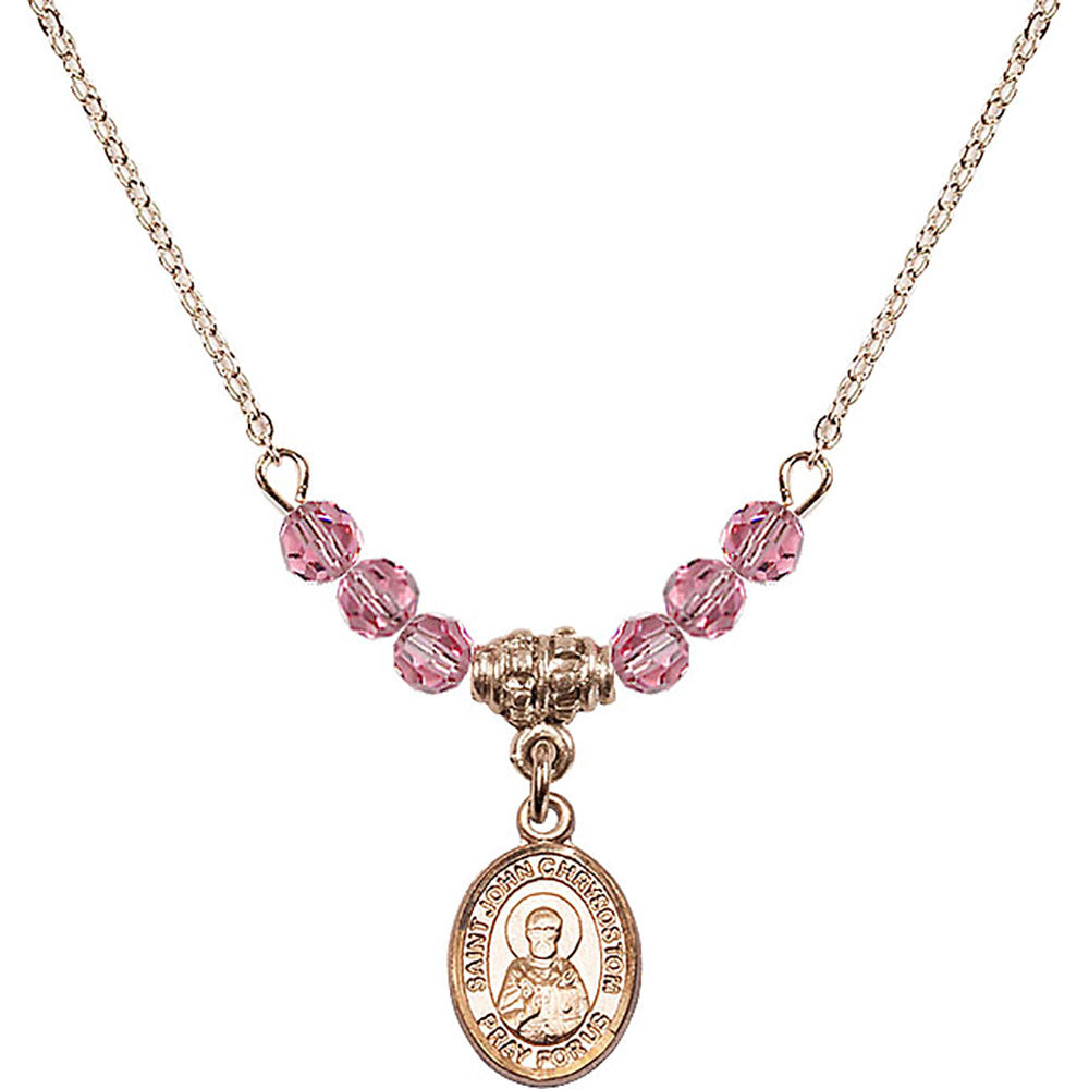 14kt Gold Filled Saint John Chrysostom Birthstone Necklace with Rose Beads - 9357