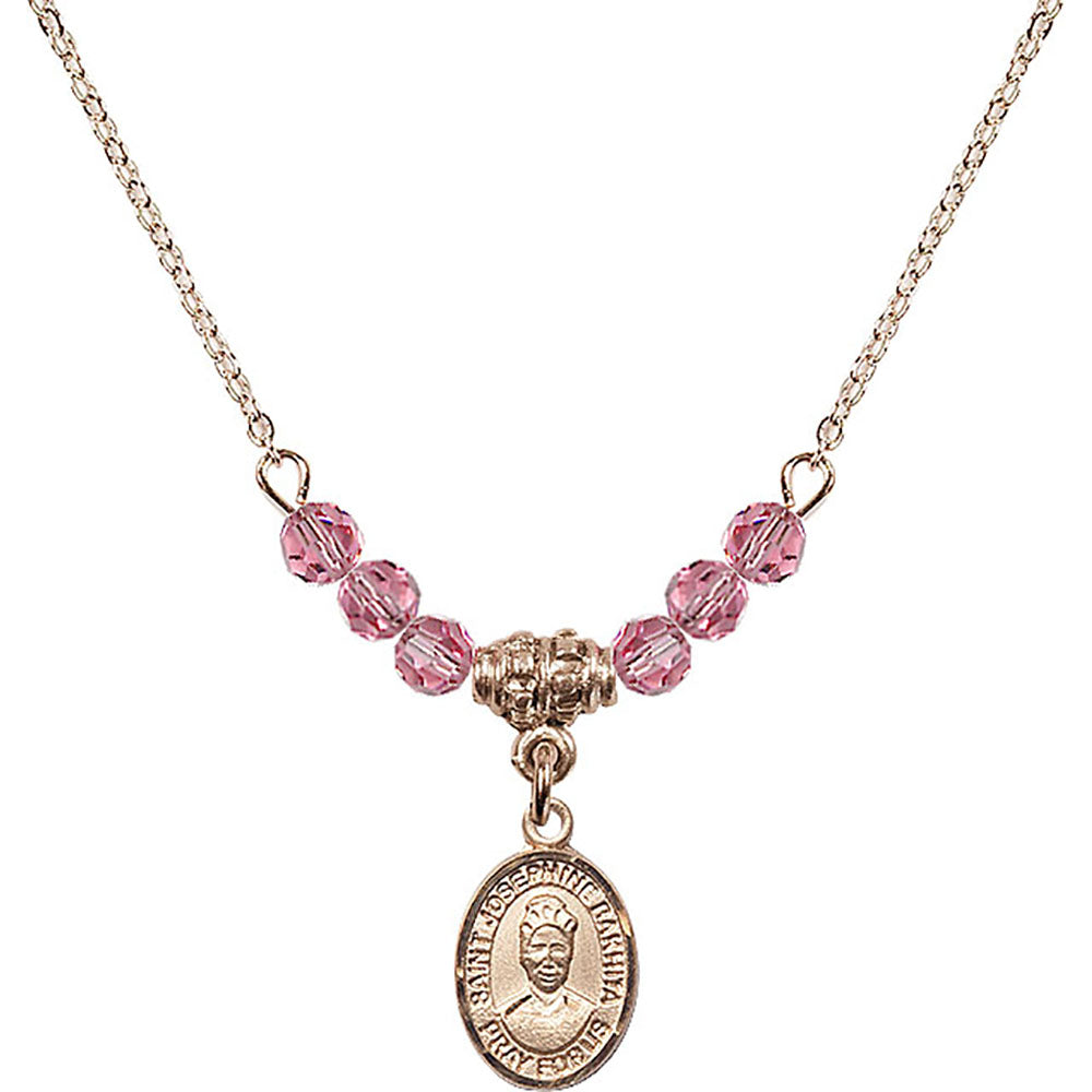 14kt Gold Filled Saint Josephine Bakhita Birthstone Necklace with Rose Beads - 9360