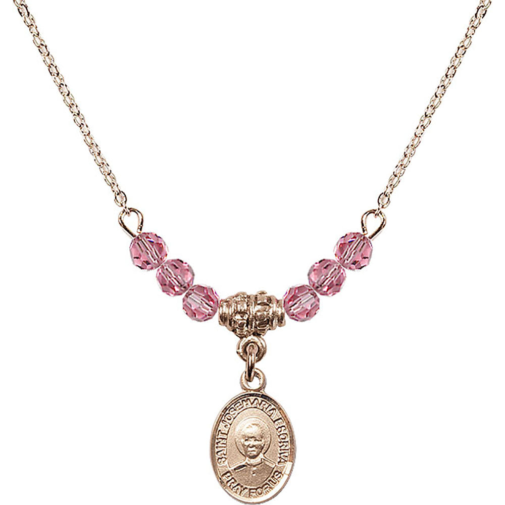 14kt Gold Filled Saint Josemaria Escriva Birthstone Necklace with Rose Beads - 9362