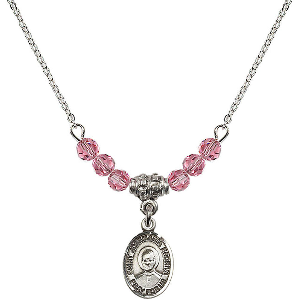 Sterling Silver Saint Josemaria Escriva Birthstone Necklace with Rose Beads - 9362