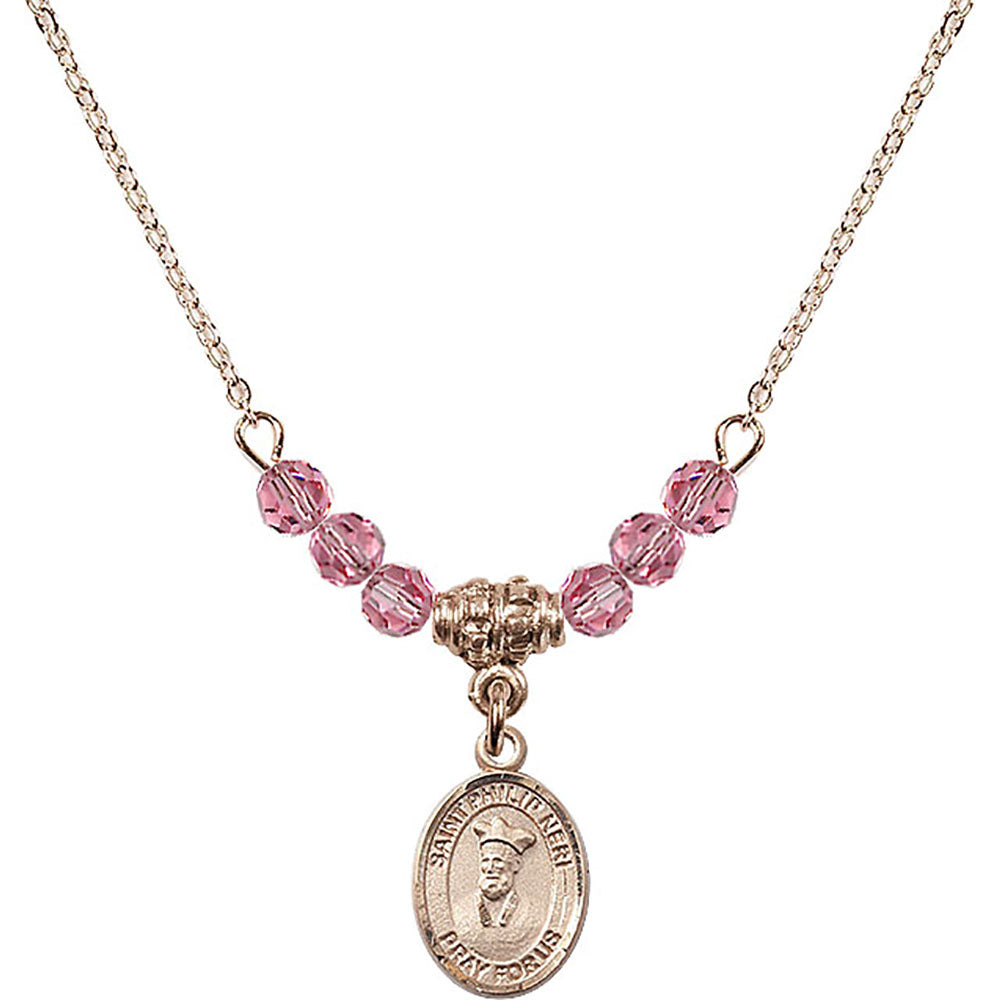 14kt Gold Filled Saint Philip Neri Birthstone Necklace with Rose Beads - 9369