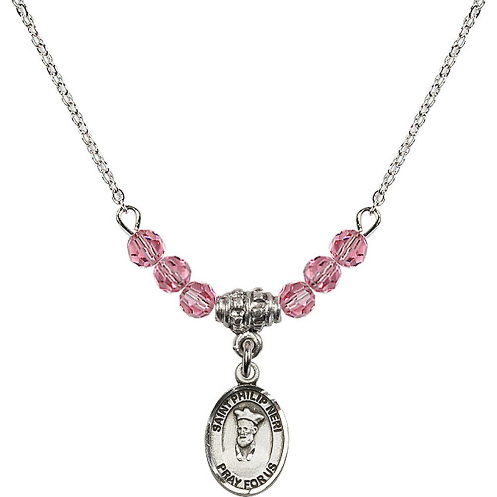 Sterling Silver Saint Philip Neri Birthstone Necklace with Rose Beads - 9369