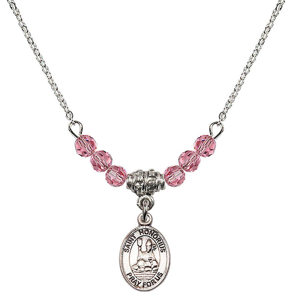 Sterling Silver Saint Honorius of Amiens Birthstone Necklace with Rose Beads - 9376