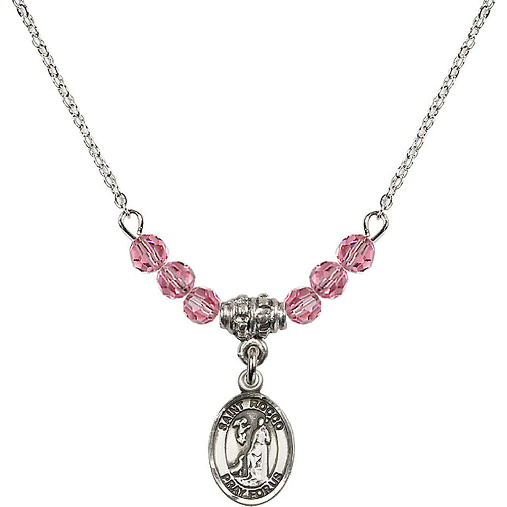 Sterling Silver Saint Rocco Birthstone Necklace with Rose Beads - 9377