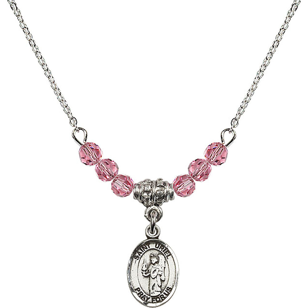 Sterling Silver Saint Uriel the Archangel Birthstone Necklace with Rose Beads - 9378