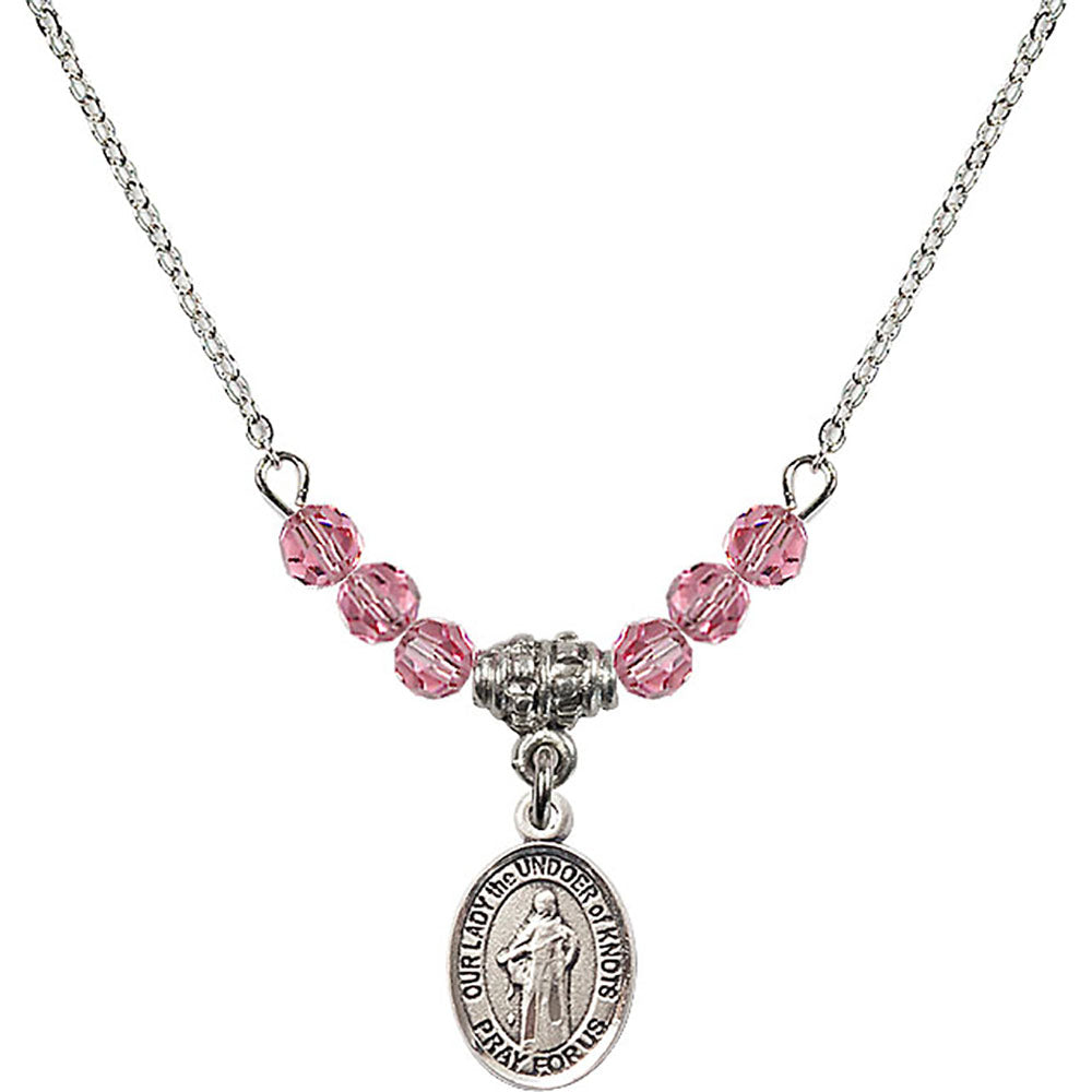 Sterling Silver Our Lady the Undoer of Knots Birthstone Necklace with Rose Beads - 9383
