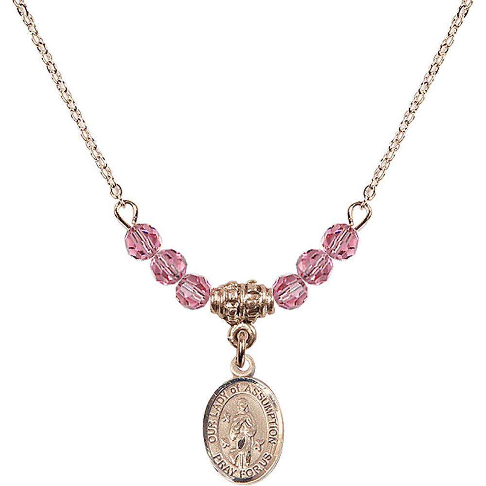 14kt Gold Filled Our Lady of Assumption Birthstone Necklace with Rose Beads - 9388